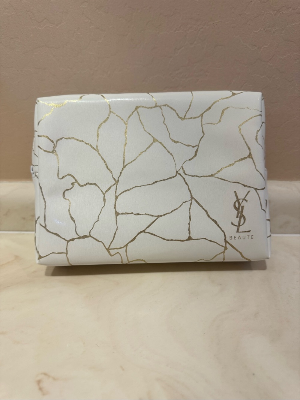 Yves Saint Laurent White Cosmetic Pouch with Gold Vein Detail